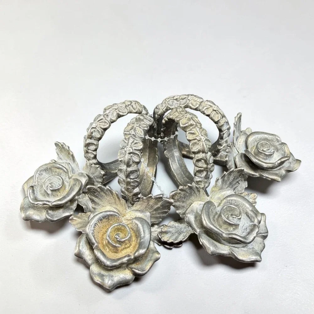 1970s Princess House Chrome Rose Napkin Rings Metal Set of 4 Floral‎ Table Decor